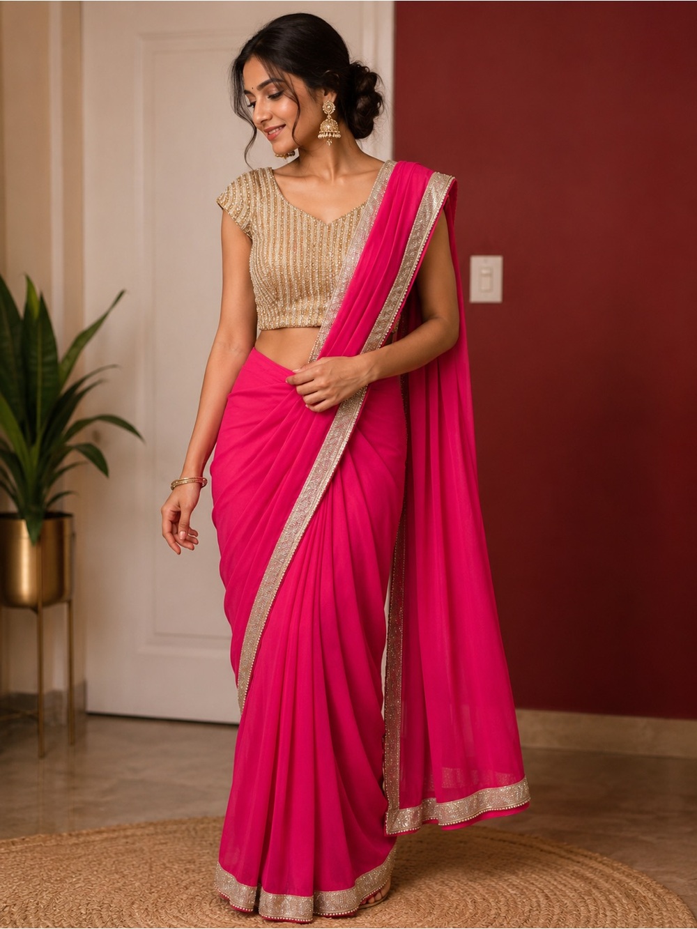 Hot Pink Saree with Gold Border and Gold Blouse